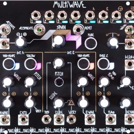 Nahaufnahme eines Eurorack-Synthesizers mit Buchsen, Reglern und Patch-Verbindungen