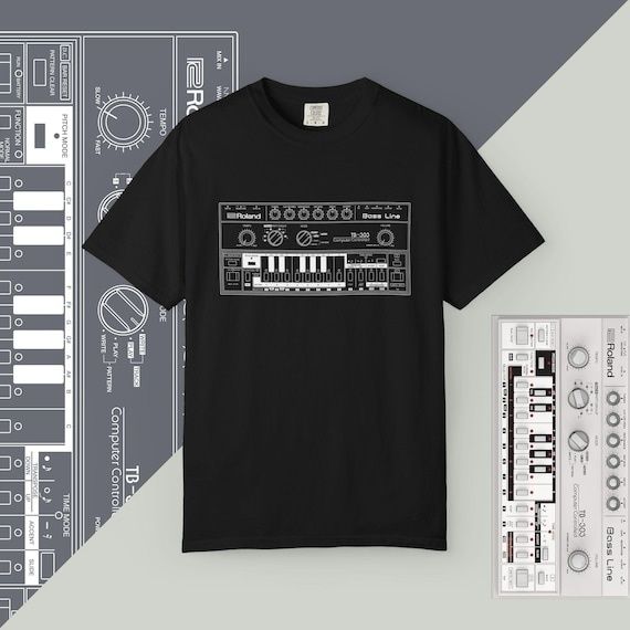 Schwarzes T-Shirt mit grafischer Darstellung der Roland TB-303